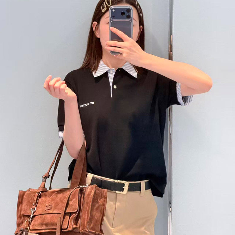春季精梳棉格子POLO领短袖T恤女