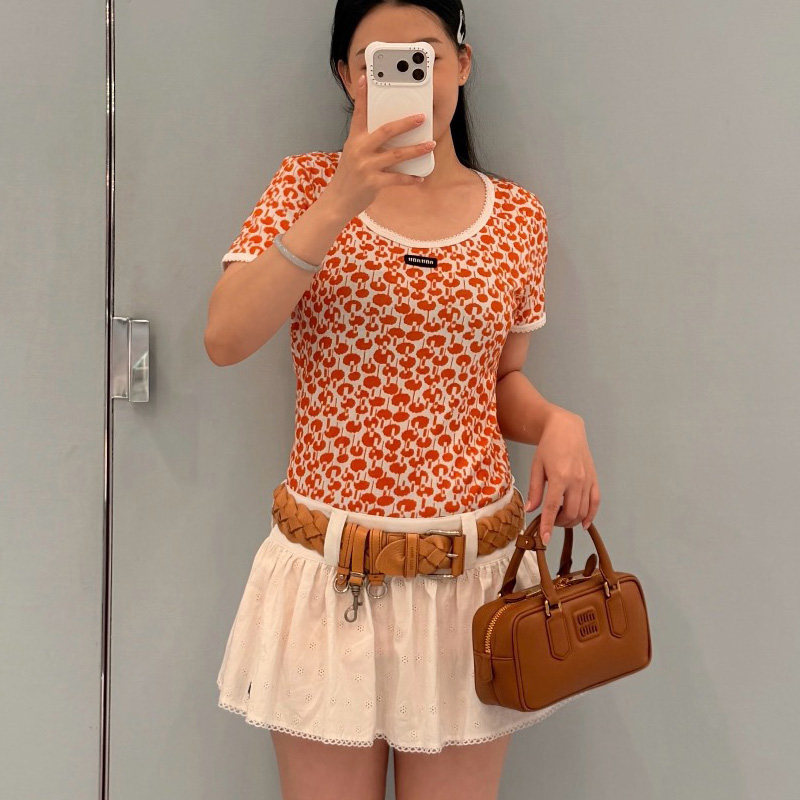 夏季碎花显瘦气质短袖T恤女橙色
