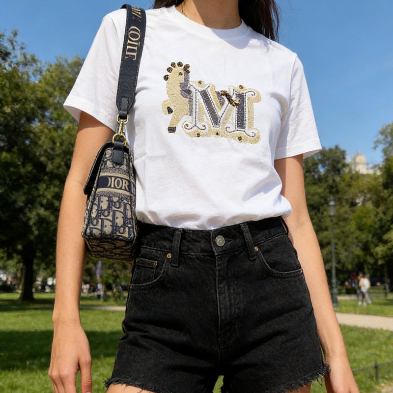 欧洲站女装2026夏季新款亮片刺绣马年圆领宽松时尚百搭短袖T恤女