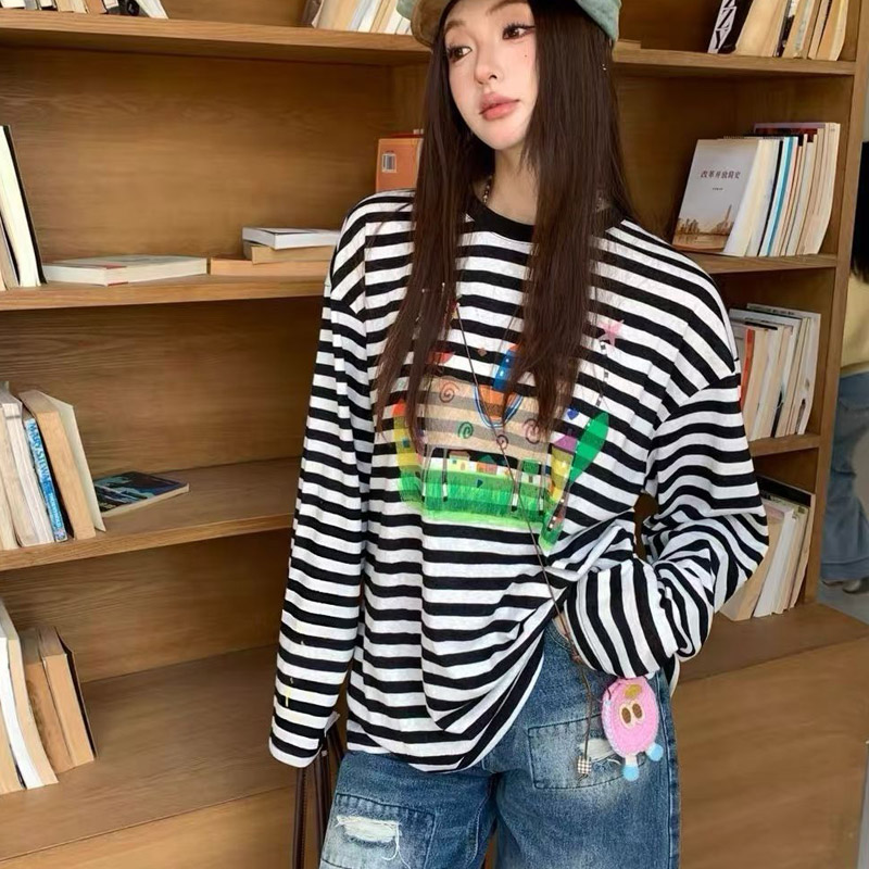 秋季新款复古条纹宽松长袖T恤女