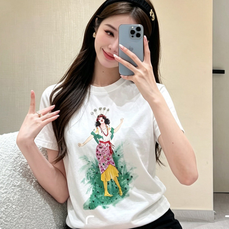 夏季圣母亮片手工穿钻短袖T恤女