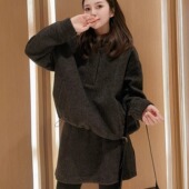 N＋正版 6932冬季 羊毛呢连帽套头卫衣＋高腰A字短裙半身裙两件套女