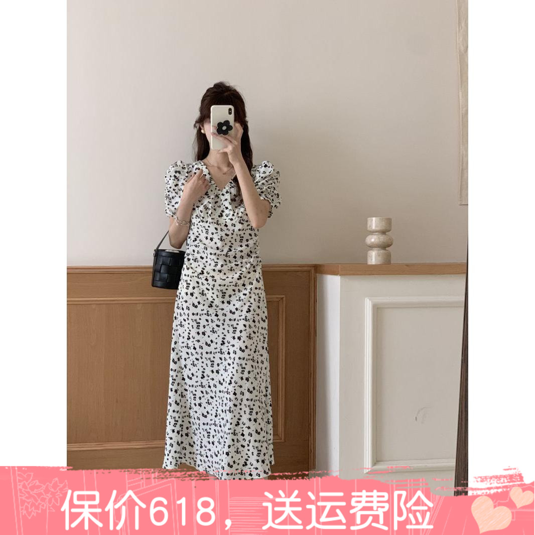 香丽迪8891夏季韩系淑女V领碎花连衣裙女显瘦百褶泡泡袖中长裙