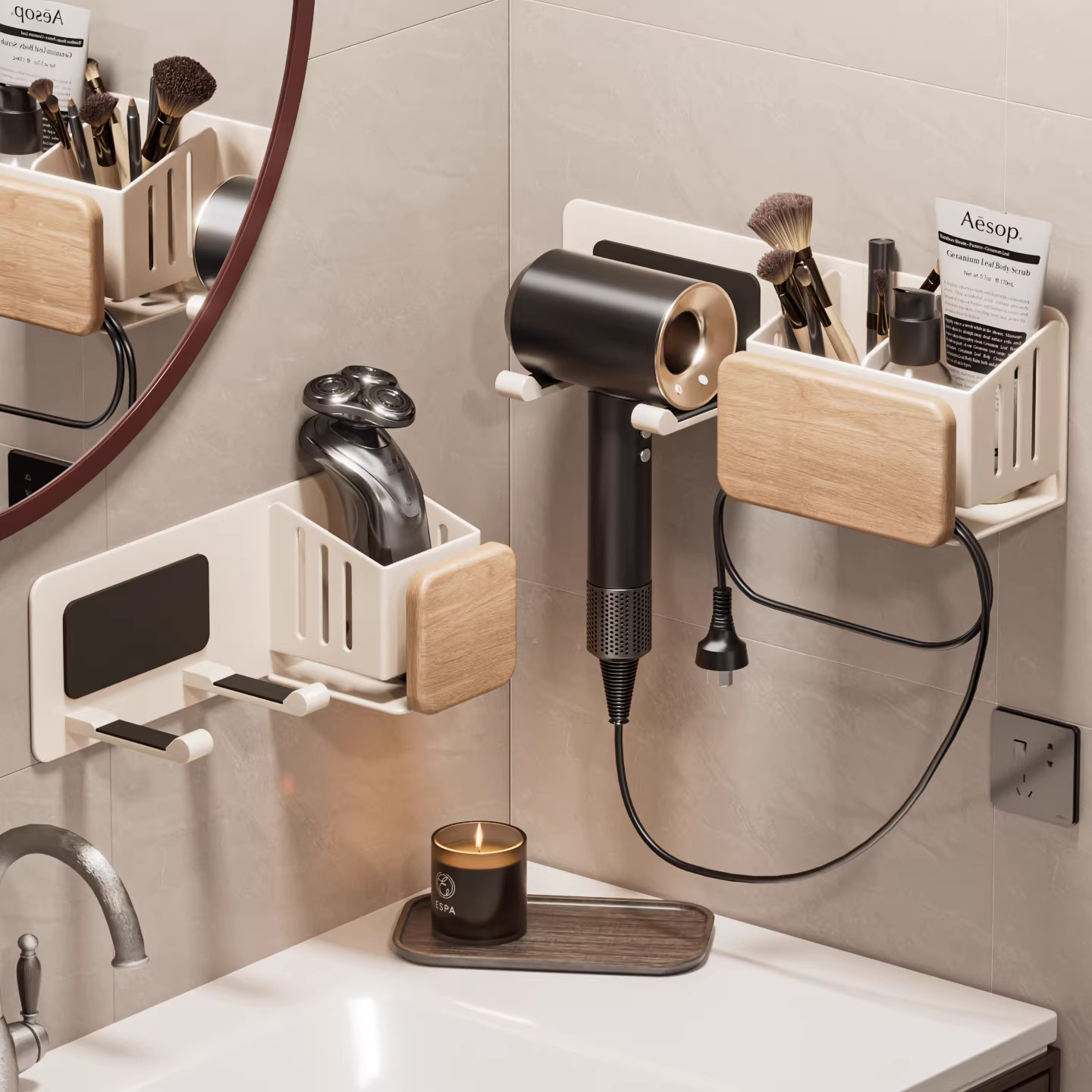 原木奶油风吹风机置物架壁挂式免打孔浴室卫生间风筒电吹风收纳架