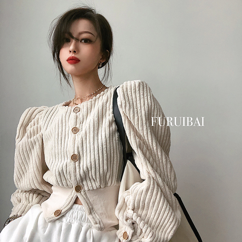 Real shot real price 2020 winter new product foreign style bubble sleeve button corduroy jacket