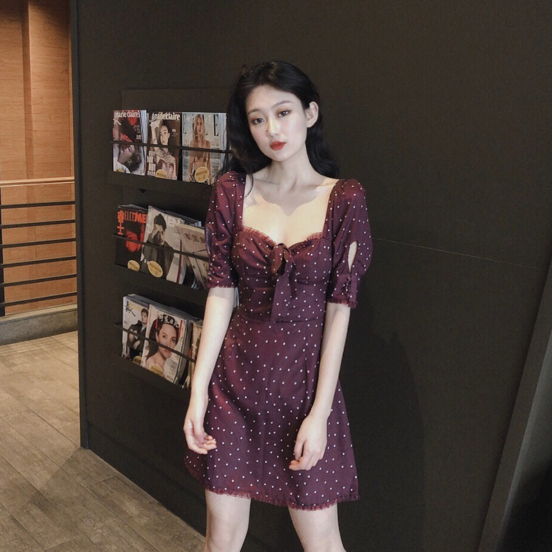 Real photo, real price, new slim, all in one, short sleeve square collar, lace, polka dot dress, female