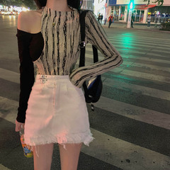 Real shot real price design feeling slim body show thin exposed collarbone sexy top waist back bottoming shirt fake two piece stitching