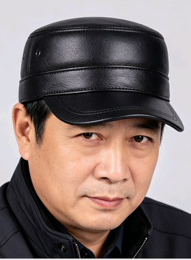 真皮平顶帽子男韩版中年羊皮春秋中老年潮时尚机车休闲薄款报童帽