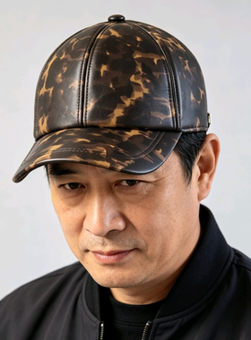 秋冬真皮帽子男士中老年人时尚休闲棒球帽羊皮户外复古迷彩鸭舌帽