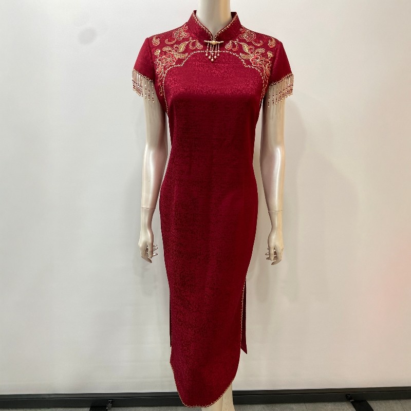 2025新款高端喜妈妈流苏短袖旗袍裙喜婆婆敬酒婚礼服醋酸缎连衣裙
