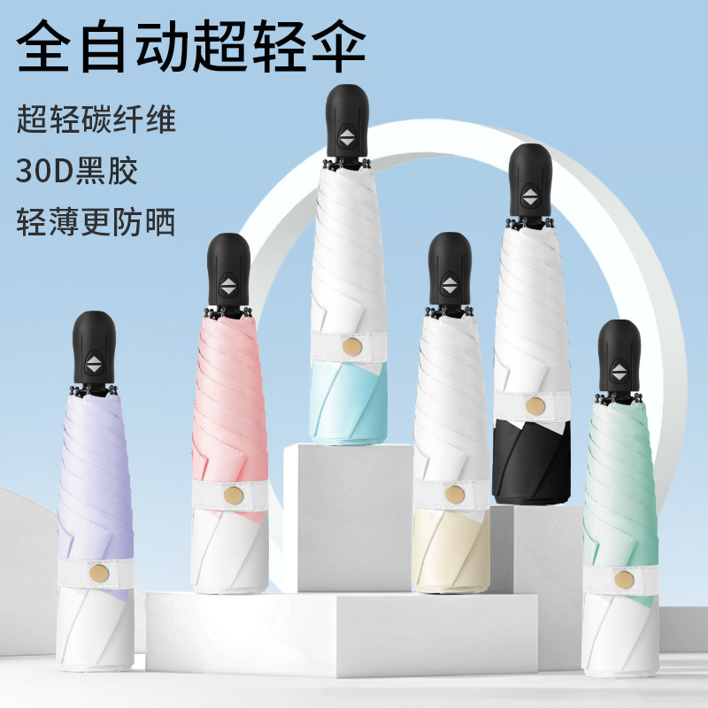 超轻230g渐变色全自动黑胶防晒羽毛伞晴雨两用三折伞女遮阳铅笔伞