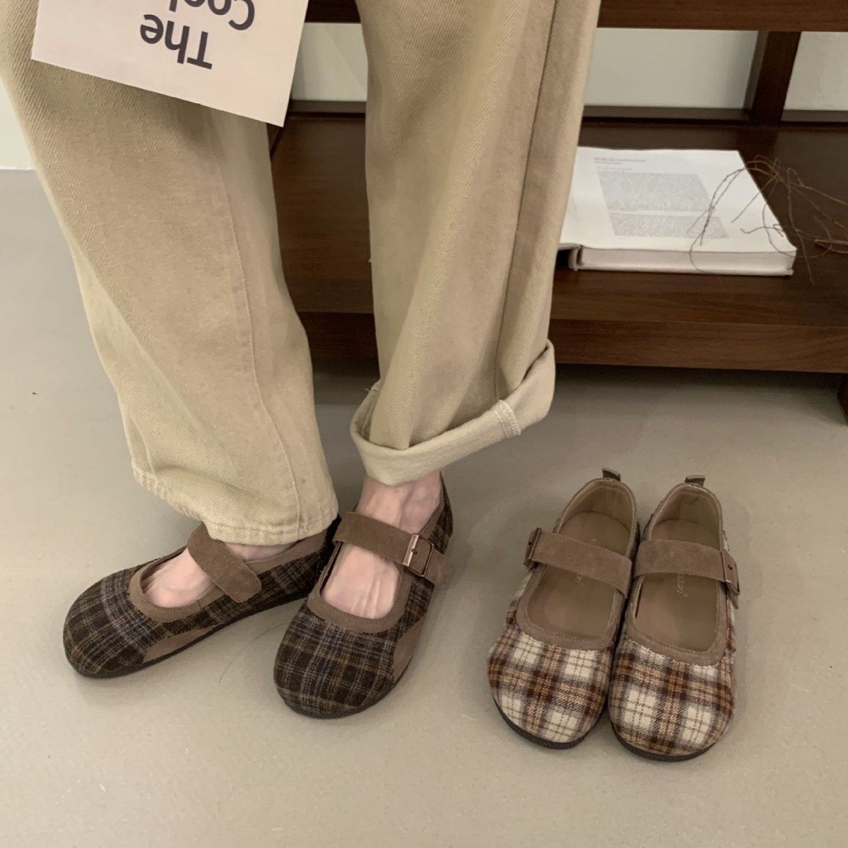 岸上花开牛皮女花边百搭2026春季新款舒适单鞋韩版格子玛丽珍,女鞋,浅口单鞋,淘宝优惠券,粉丝福利购,淘宝优惠卷