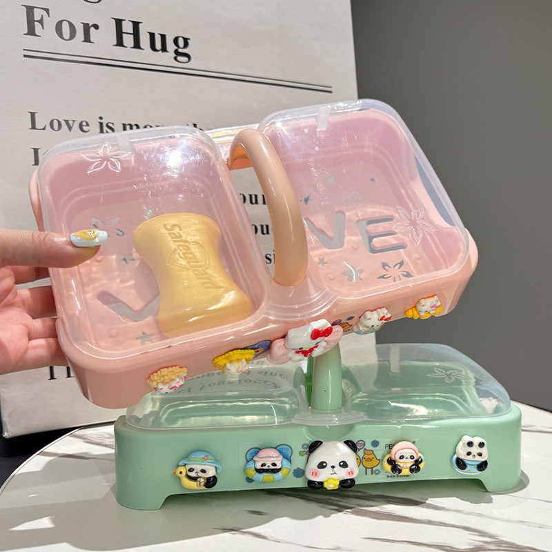 可爱卡通双格皂盒手提沥水香皂盒厨房翻盖肥皂盒家用带盖双层皂盒