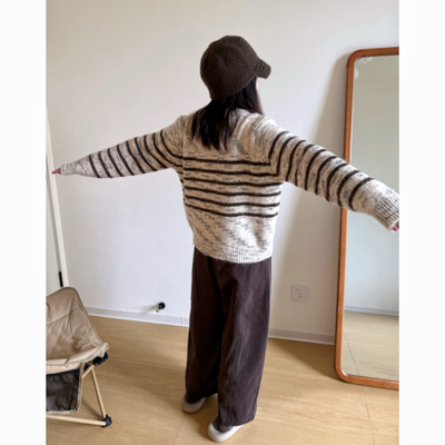 复古条纹针织开衫女宽松慵懒风秋冬季百搭软糯保暖毛衣外套韩系