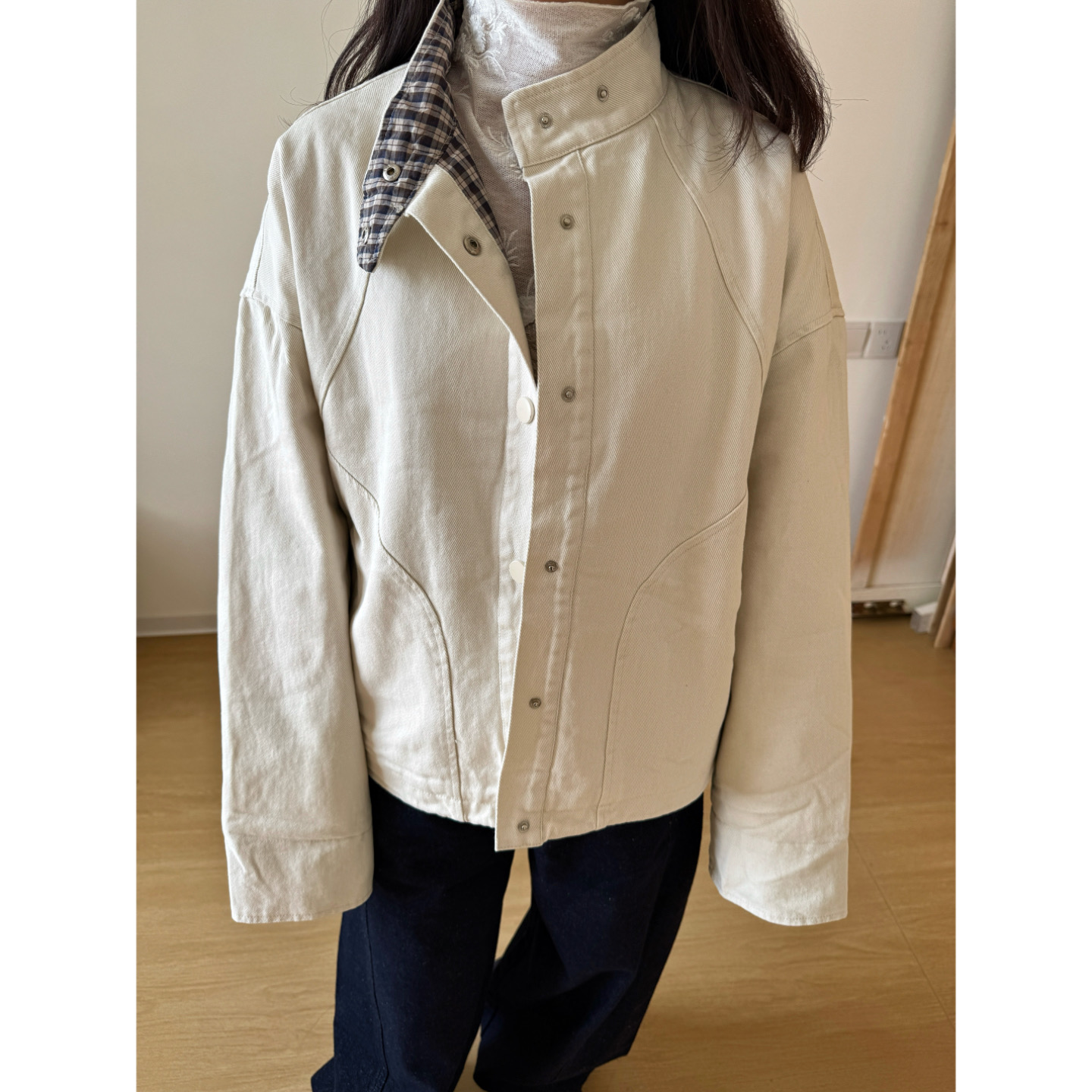 日杂风立领拼接夹棉外套女洋气复古小个子短款工装风棉服上衣冬季