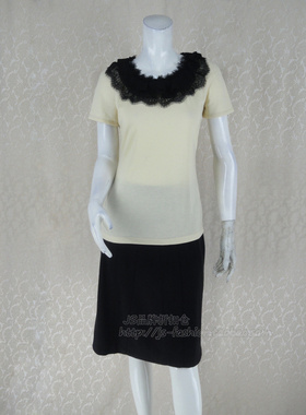 100元2件!正品 裘TN 荷叶边蕾丝拼色女夏莱赛尔修身针织衫421083A