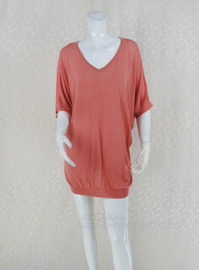 100元2件清!法*易娜 正品针梭拼蝙蝠袖女夏宽松针织衫FLBA8662