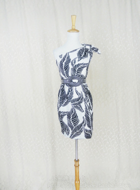 140元2件!法国CYC女夏斜肩印花蝴蝶结礼服裙性感气质连衣裙B5055