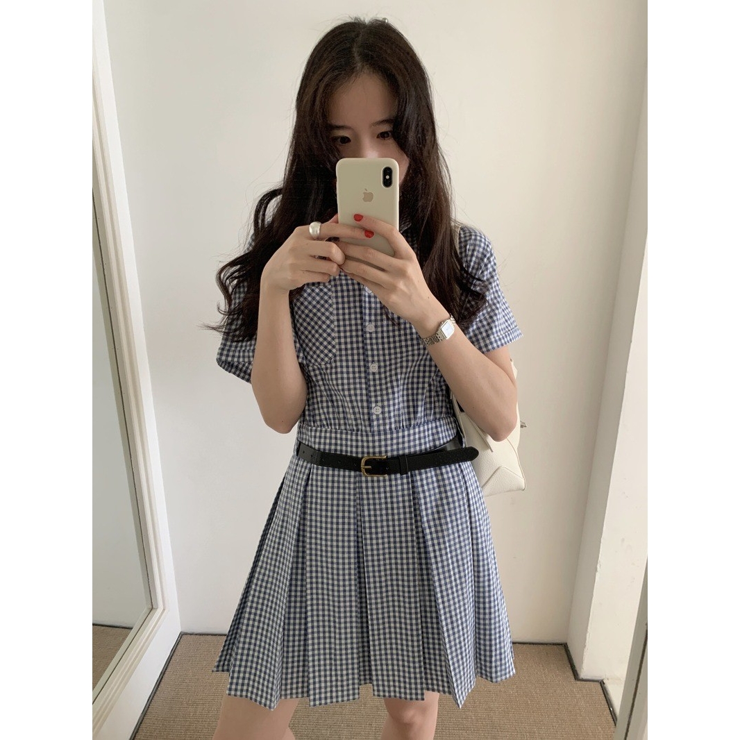 实拍！韩系文艺小清新polo领格子收腰百褶衬衫式连衣裙女装新款