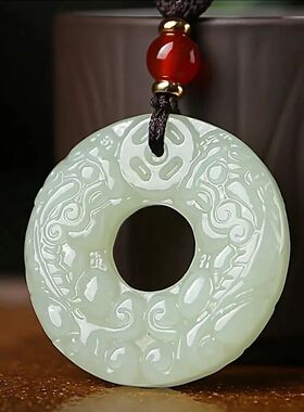 保真天然青白玉貔貅平安扣吊坠