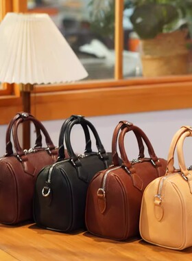 美皮匠定制小枕头包 mbox植鞣牛皮波士顿小手提包包女士真皮复古