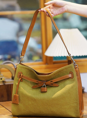 帆布拼皮单肩包 mbox植鞣牛皮复古托特包 原创设计单肩百搭小众女