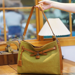 帆布拼皮单肩包 mbox植鞣牛皮复古托特包 原创设计单肩百搭小众女