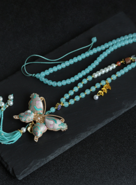 原创非遗宋锦蝴蝶毛衣链项链吊坠挂绳女款蓝色蝴蝶流苏挂饰