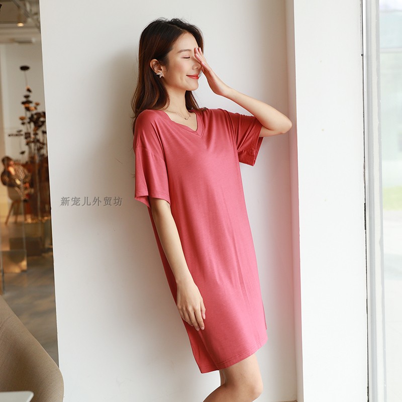 莫代尔中长款纯色圆领女士睡裙