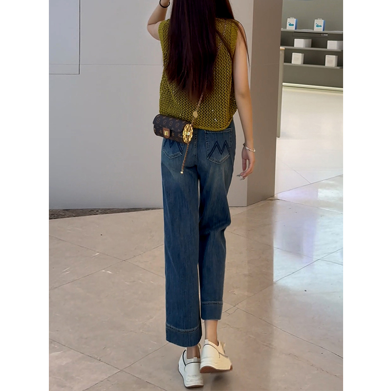 直筒牛仔裤女九分2025新款高腰宽松显瘦春秋小个子窄版阔腿奶奶裤