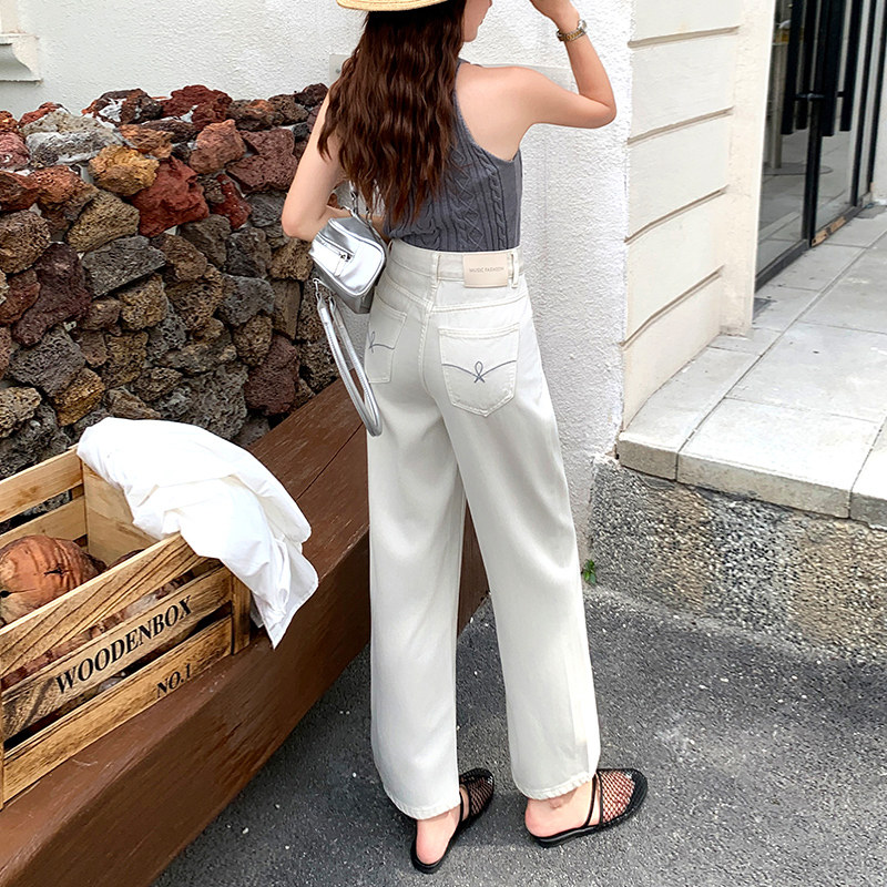 软牛仔天丝阔腿裤女2026新款春夏宽松垂感白色冰丝九分小个子直筒
