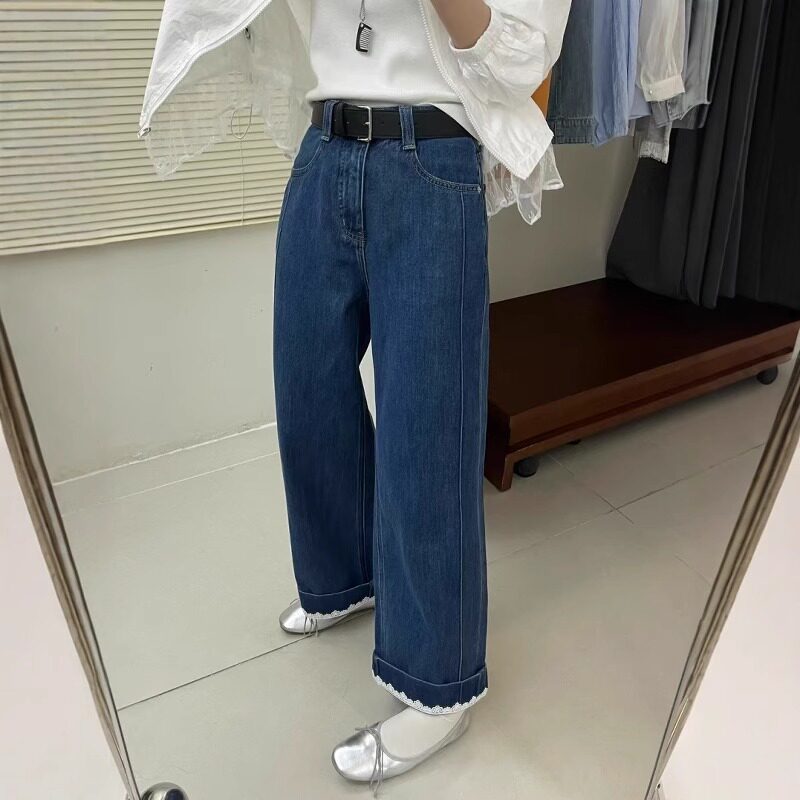 深蓝色牛仔阔腿裤欧洲站2025春季时尚裤脚卷边蕾丝花边九分直筒裤