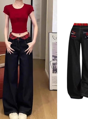 2025夏季新款甜美式辣妹kitty貓刺繡牛仔褲女黑色直筒高腰闊腿褲