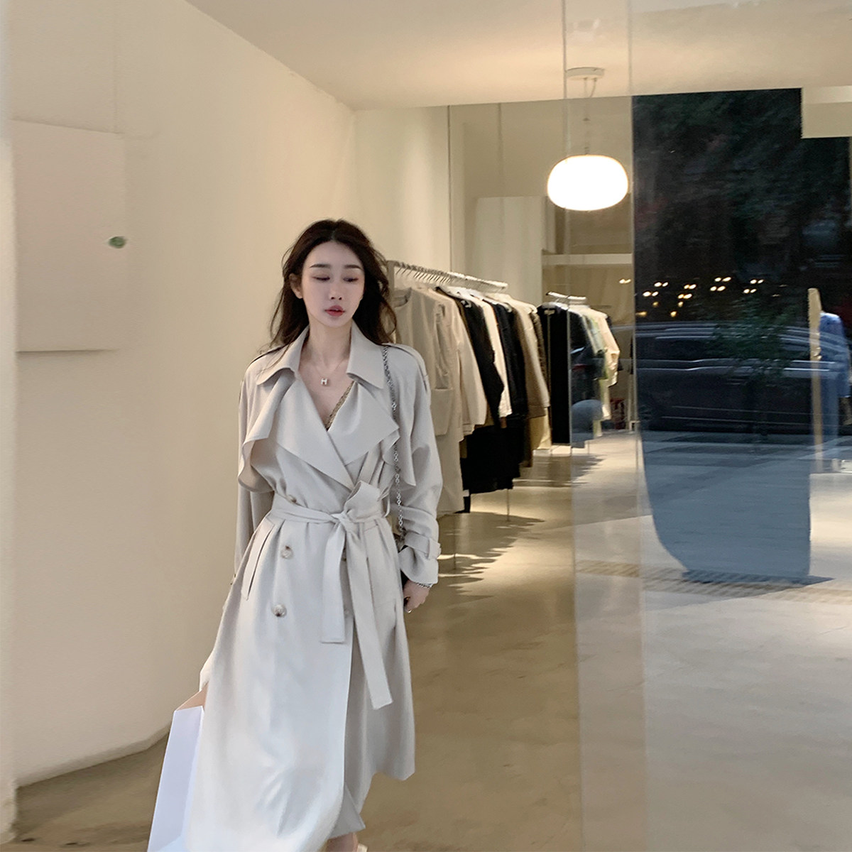 achi大也池~白色宽松长风衣垂感长袖百搭双排扣显瘦外套气质大衣