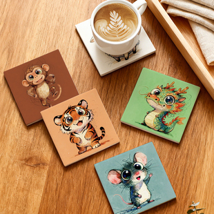 吸水杯垫生肖小清新卡通动物方形杯垫可爱耐高温防烫桌垫隔热垫