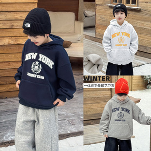 90-150CM男童冬季新款韩版百搭麦穗字母印花加绒加厚连帽儿童卫衣