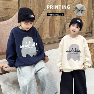 90-150CM男童冬季新款百搭搞怪字母印花加绒加厚圆领宽松儿童卫衣
