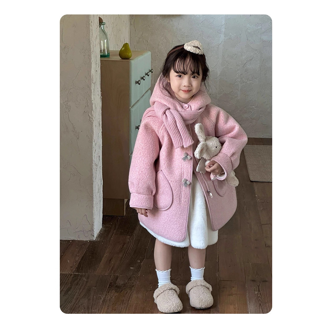 女童外套洋气毛呢保暖外衣加围巾