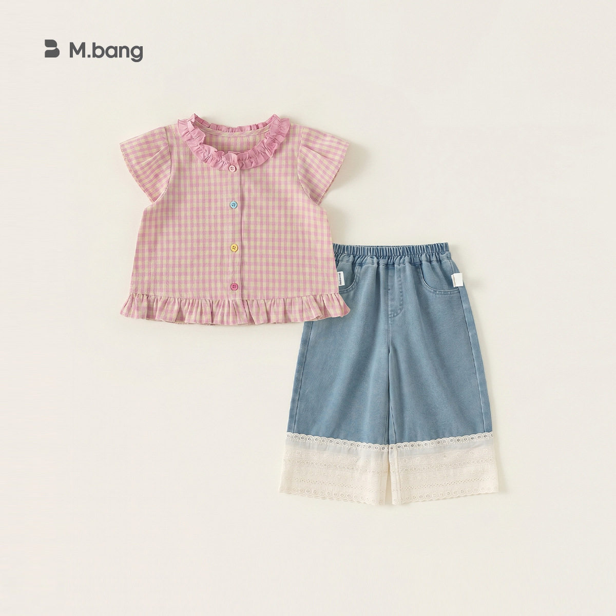 童装夏季衣服薄款格纹衬衫儿童牛仔裤两件套短袖女童套装80-140
