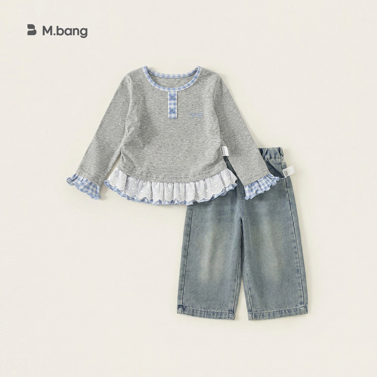 童装春款衣服阔腿裤花边长袖女童套装上衣儿童牛仔裤两件套80-140