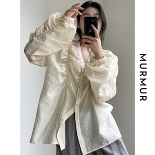 MURMUR夏轻薄防晒衫宫廷风V领抽褶衬衫天丝衬衣长袖宽松显瘦上衣