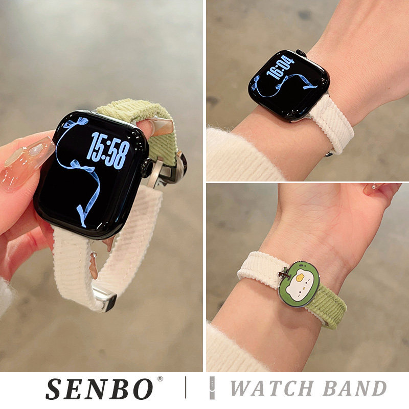 适用于s11苹果iwatch10手表带ultra3新款灯芯绒表带applewatch9/8/7/6青苹果小猫磁吸扣se代女士秋冬可爱腕带