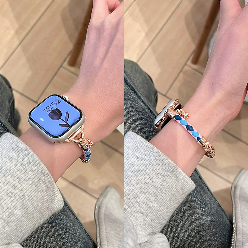 适用苹果iwatch9手表表带新款applewatch s9表带s876代se手表带女款夏天透气编绳夏季创意高级感小众可爱金属