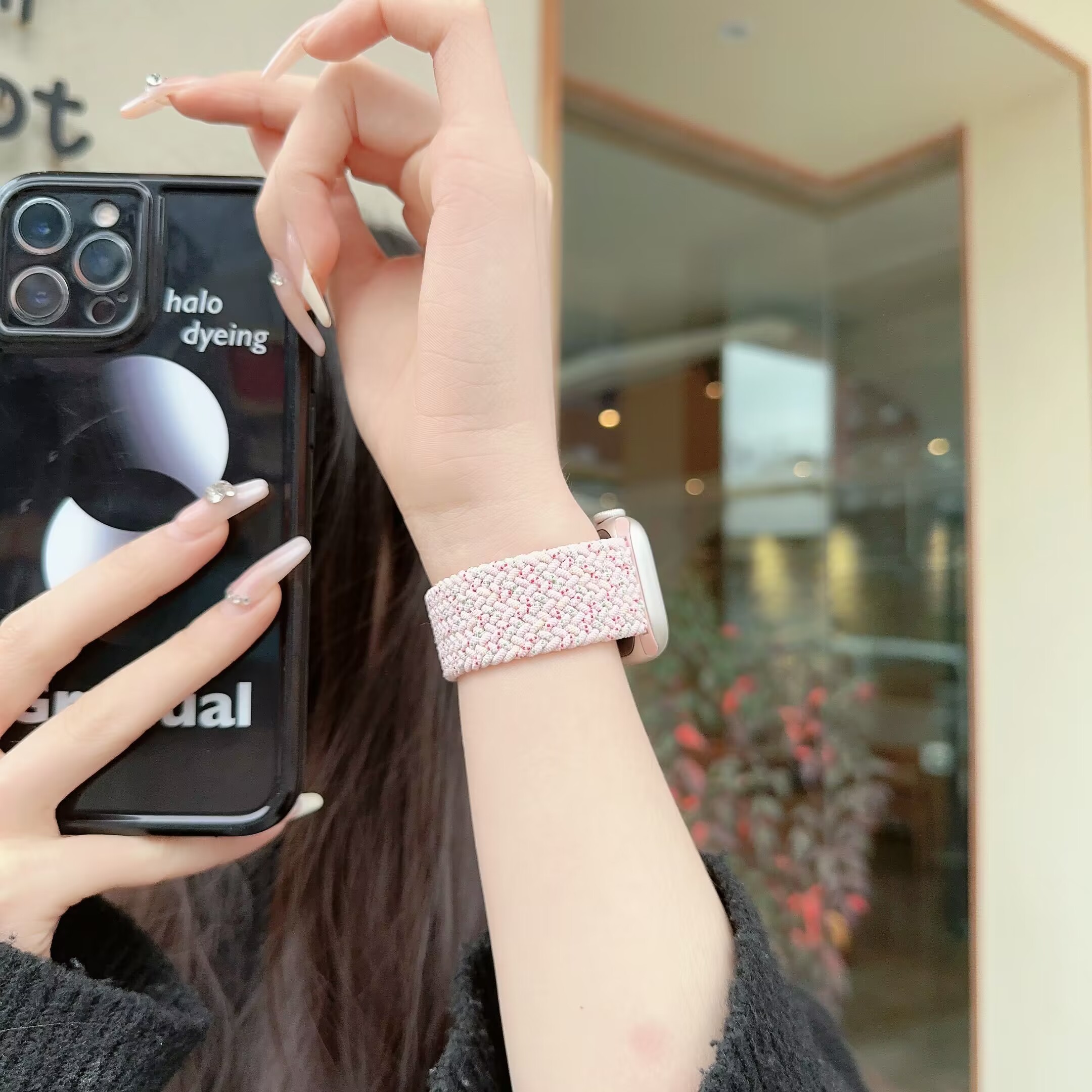圣铂适用苹果s8手表iwatch9樱花粉单圈编织表带applewatch7/6/SE/5/4代40mm44运动watchse个性新款s6透气夏季