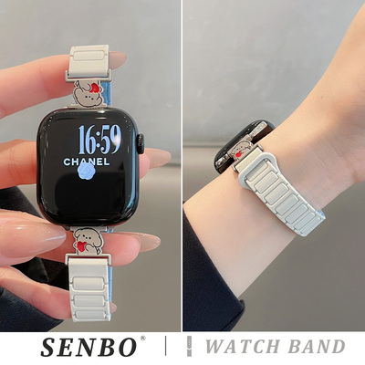 适用iwatch10手表带s9新款线条小狗三株磁吸硅胶表带applewatch8/7/6/5/4夏季透气智能运动腕带se代男女时尚