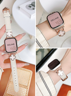 适用iwatch11/10苹果手表876代se表带applewatch手表带ultra四叶草真皮皮质iphonewatch小香风女款41mm45高级