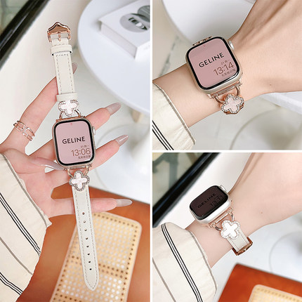适用iwatch 10苹果手表87654代se表带applewatch手表带ultra四叶草真皮皮质iphonewatch小香风女款41mm45高级