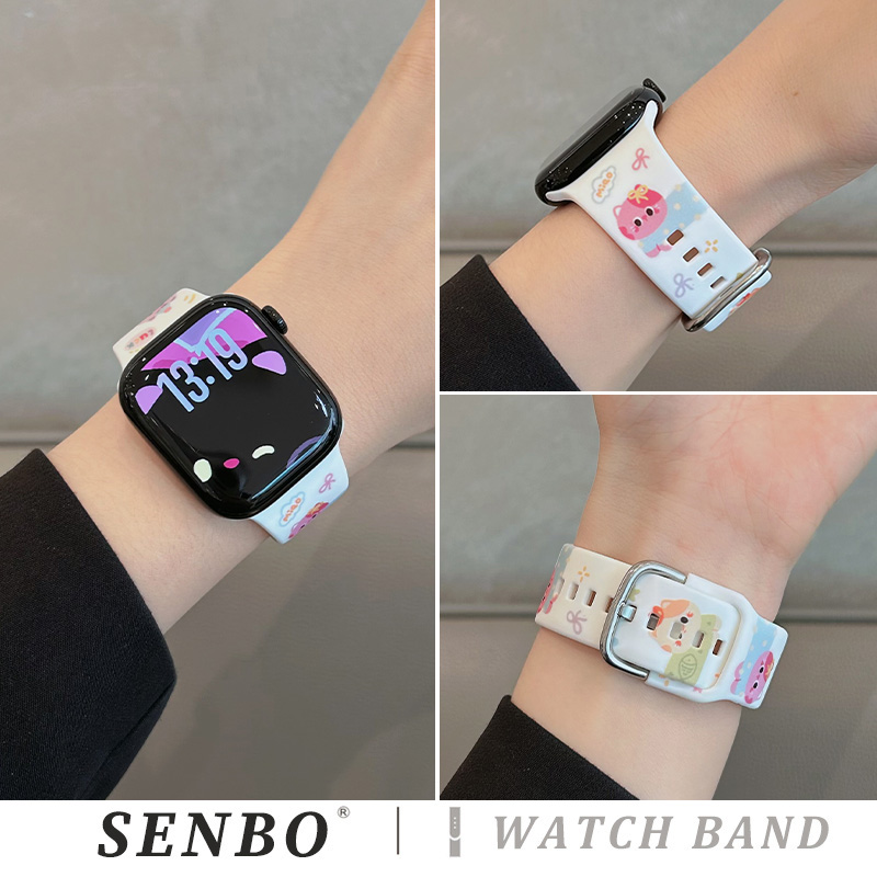 适用于iwatch苹果s10手表带创意s9新款可爱猫咪硅胶表带applewatch8/7/6/5/4智能手表se代夏季透气运动女腕带