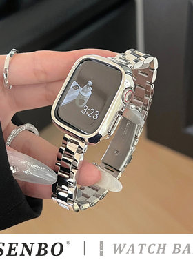 适用苹果a11/10手表带iwatch9/8/7/6代金属三株不锈钢带Applewatch夏天SE新款ultra3高级感42mm女款男46小众