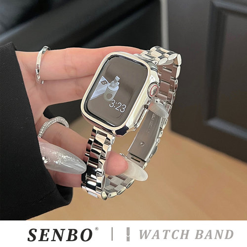 适用苹果a11/10手表带iwatch9/8/7/6代金属三株不锈钢带Applewatch夏天SE新款ultra3高级感42mm女款男46小众